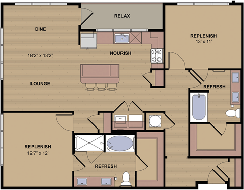 Floor plan for 2 beds, 2 baths, 1300 sqft